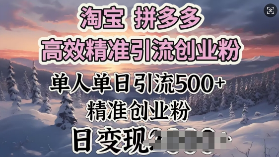 淘宝拼多多高效精准引流创业粉，单人单日引流500+创业粉，日变现多张-红山网创