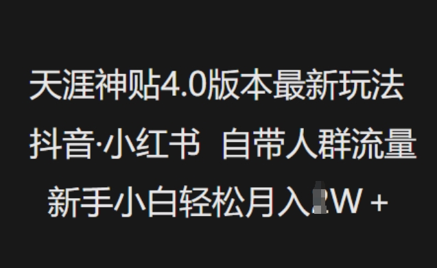 天涯神贴4.0版本最新玩法，抖音·小红书自带人群流量，新手小白轻松月入过W-红山网创